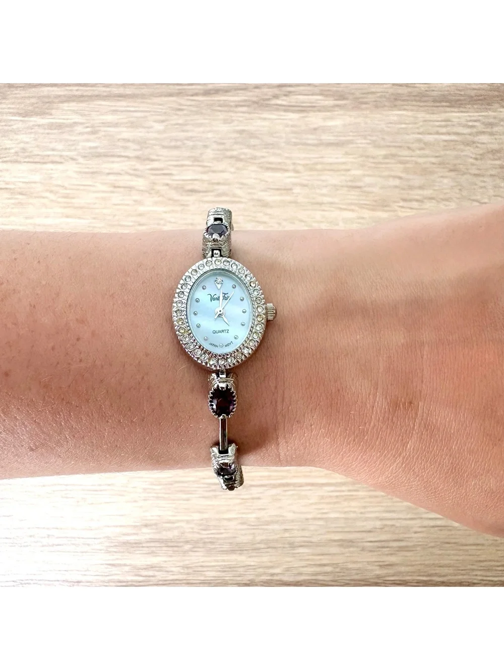 Vanity Fair Women’s Silver Tone Quartz Watch Purple Crystal Rhinestone